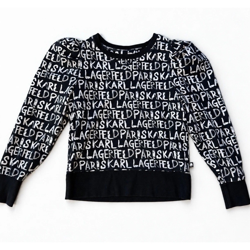 Karl Lagerfeld Paris Black White Logo Print Pullover Sweatshirt Puff Sleeve M